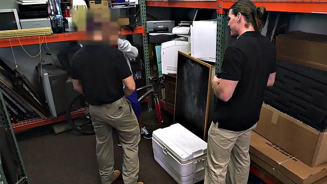 Black pawnshop bottomed in stockroom 3some by owners
