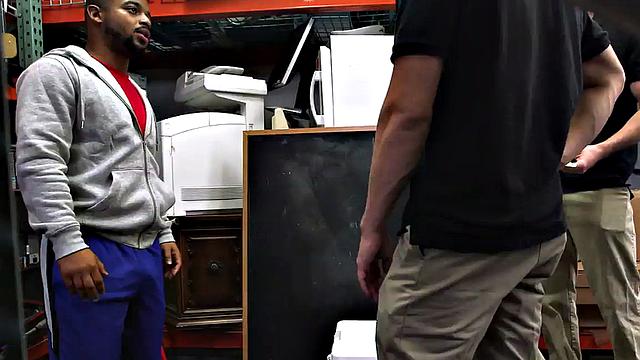 Black pawnshop bottomed in stockroom 3some by owners