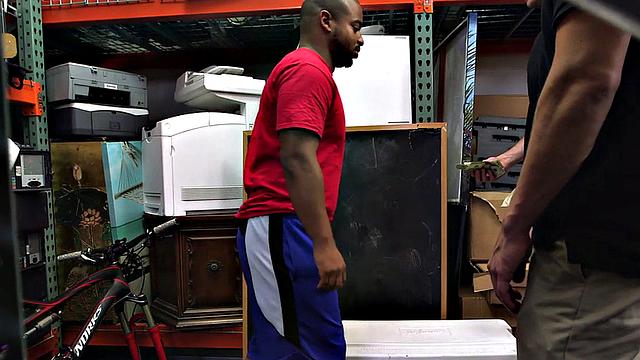 Black pawnshop bottomed in stockroom 3some by owners