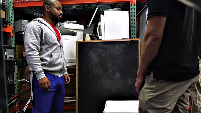 Black pawnshop bottomed in stockroom 3some by owners