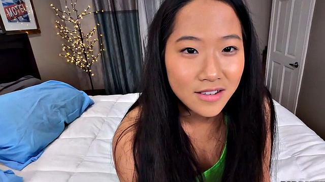 A bald Asian chick get her big tits sucked while getting her shaved pussy drilled in POV