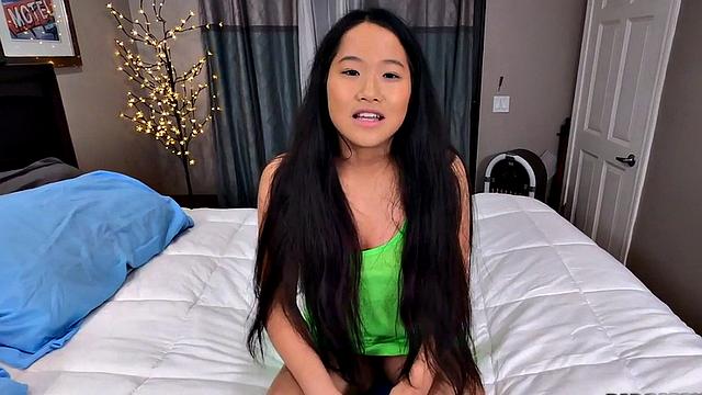 A bald Asian chick get her big tits sucked while getting her shaved pussy drilled in POV