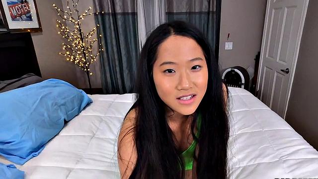 A bald Asian chick get her big tits sucked while getting her shaved pussy drilled in POV