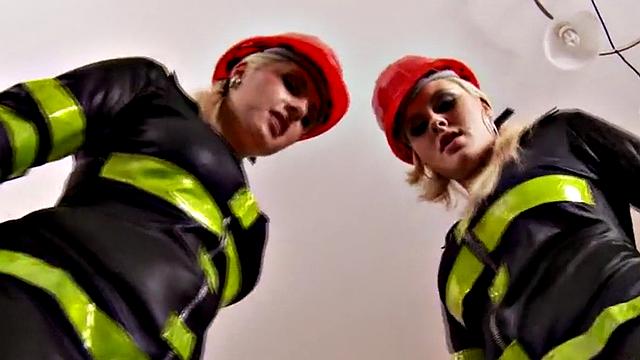 Firefighting femdoms pegging submissives in threesome