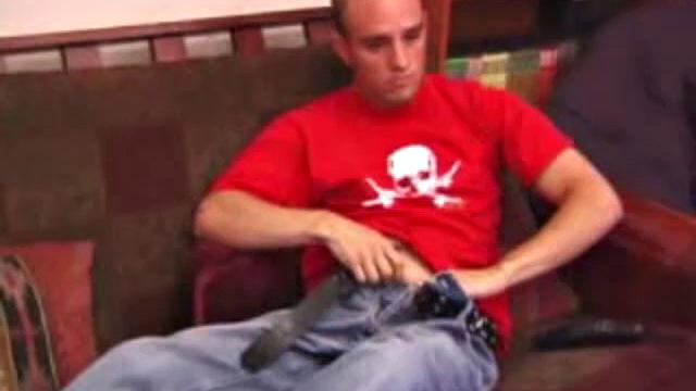 Ethan strips naked and strokes up a stif one, while watching a porn video. After lubing his asshole, he fingers himself and then inserts a dildo. Ethan gives his ass a good workout, before shooting a huge cum load onto his chest.