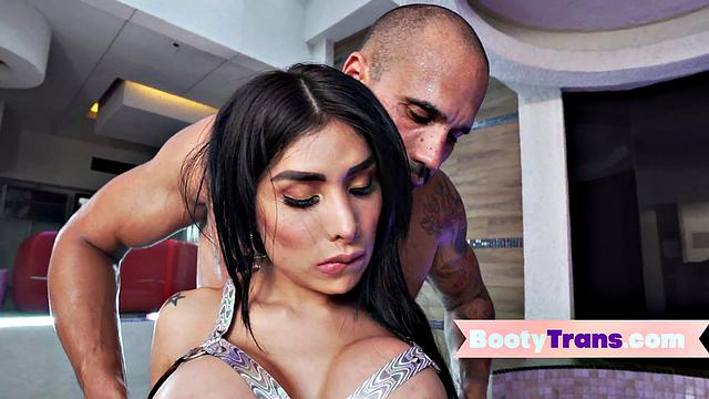 Latina hottie in lingerie teasing her man's big ass with her big tits and ass in the pool