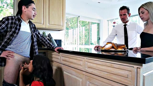 Kinky tattooed cougar loves sucking before getting fucked hard in the kitchen