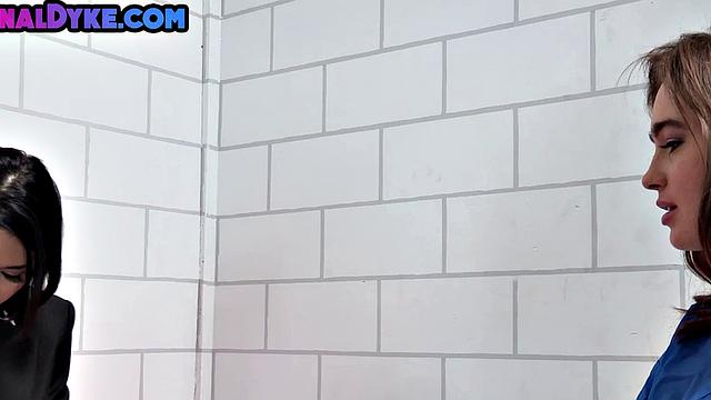 Asian lez lawyer fucks prisoner's asshole with dildo