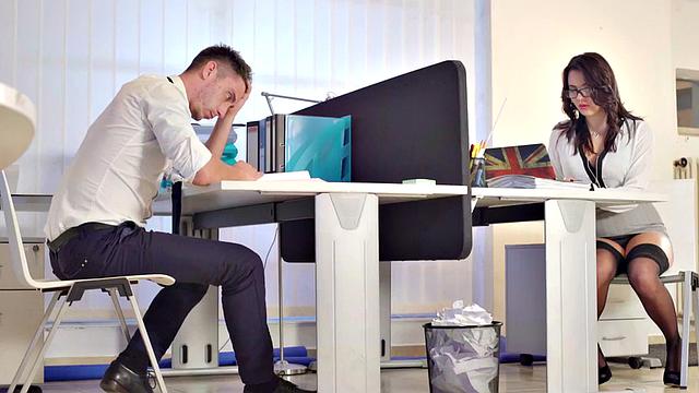 Erotic office beauty rides colleague's dick before blowjob