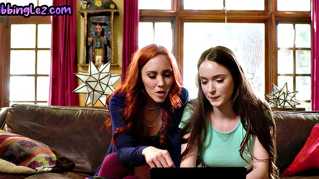 Scissoring lesbian seducing her redhead GF's pussy