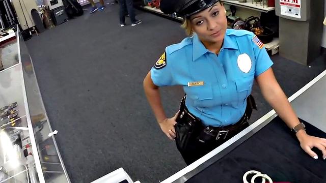 Latina pawnshop cop sucking POV dick and fucked from behind