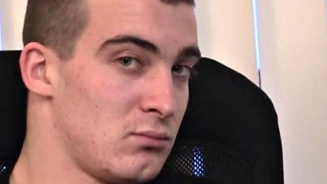 Seated in front of his computer, Darrell works his cock, pulls it out, jerks off with determination, grabs a wine glass, and dumps his warm cum into it.