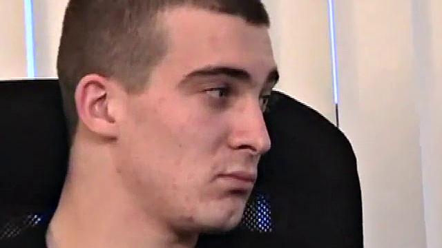 Seated in front of his computer, Darrell works his cock, pulls it out, jerks off with determination, grabs a wine glass, and dumps his warm cum into it.