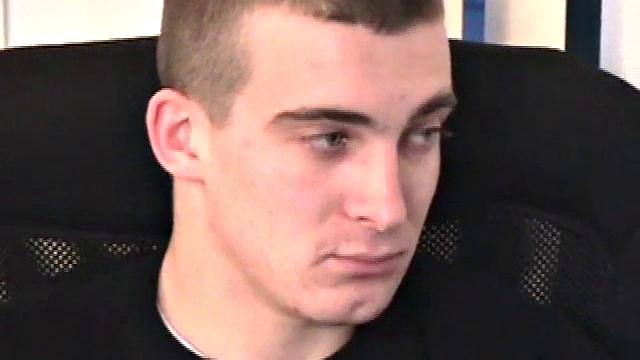 Seated in front of his computer, Darrell works his cock, pulls it out, jerks off with determination, grabs a wine glass, and dumps his warm cum into it.