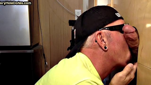 Real gloryhole DILF sucks hard dick with his hungry mouth