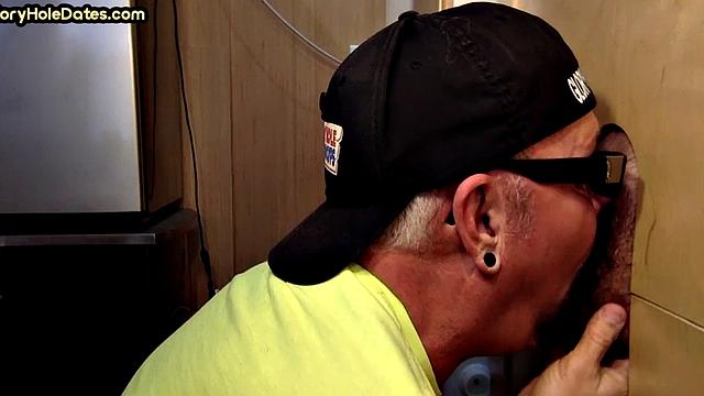 Real gloryhole DILF sucks hard dick with his hungry mouth