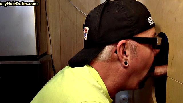 Real gloryhole DILF sucks hard dick with his hungry mouth