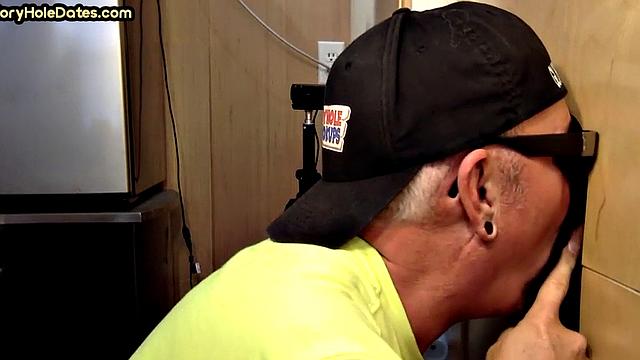 Real gloryhole DILF sucks hard dick with his hungry mouth