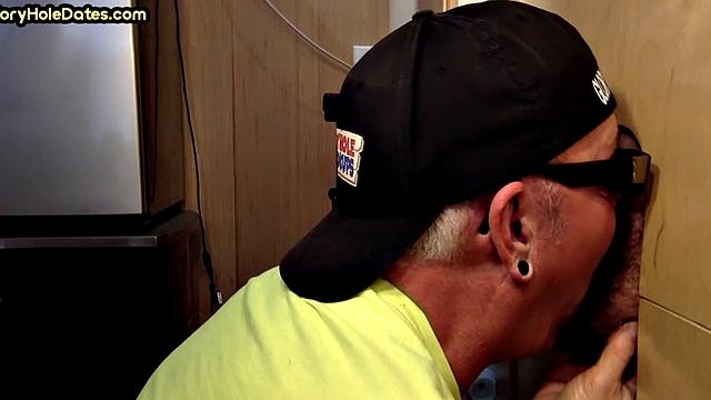 Real gloryhole DILF sucks hard dick with his hungry mouth