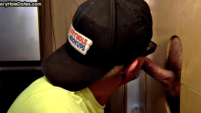 Real gloryhole DILF sucks hard dick with his hungry mouth