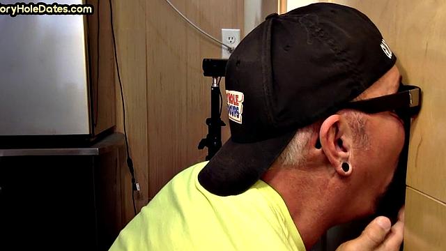 Real gloryhole DILF sucks hard dick with his hungry mouth