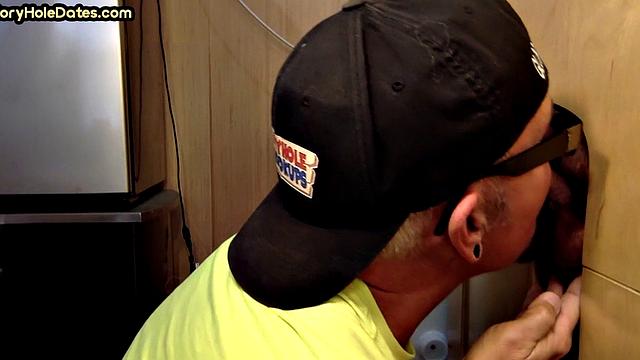 Real gloryhole DILF sucks hard dick with his hungry mouth