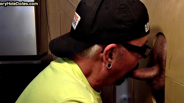 Real gloryhole DILF sucks hard dick with his hungry mouth