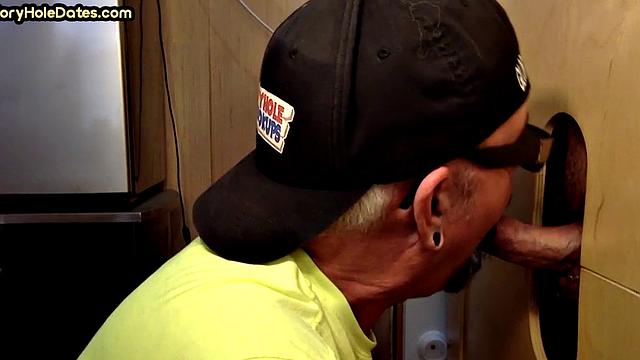 Real gloryhole DILF sucks hard dick with his hungry mouth