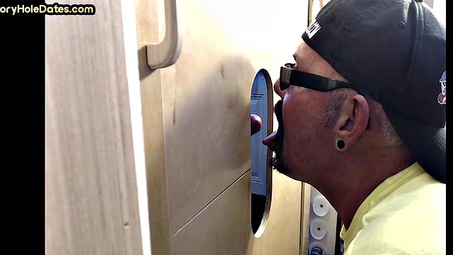 Real gloryhole DILF sucks hard dick with his hungry mouth