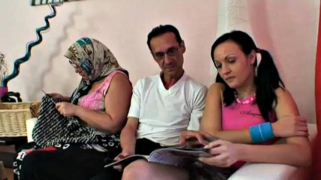 Schoolgirl bangs elderly in threesome