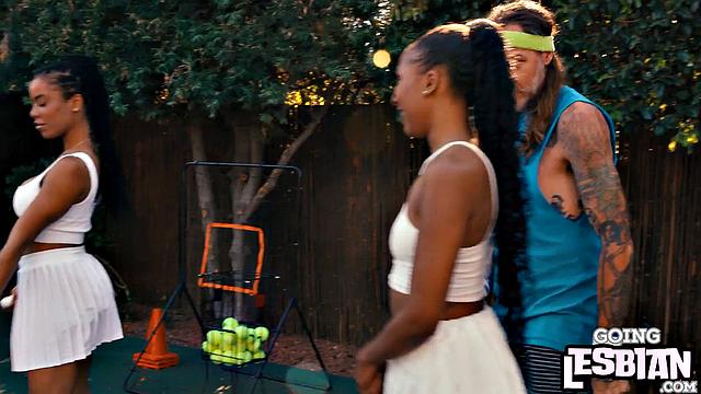 Horny ebony lesbians pleasing one another