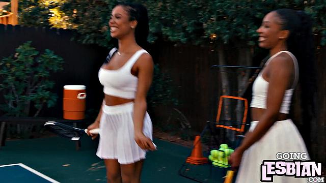 Horny ebony lesbians pleasing one another