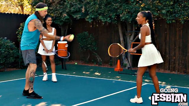 Horny ebony lesbians pleasing one another