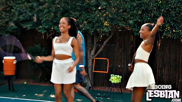 Horny ebony lesbians pleasing one another