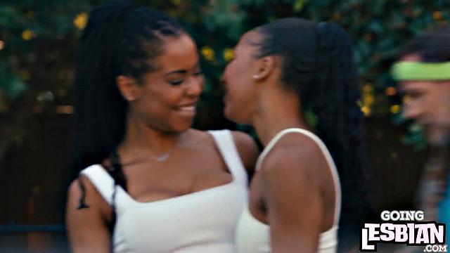 Horny ebony lesbians pleasing one another