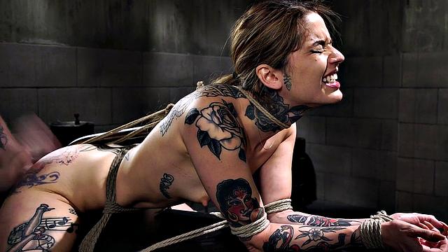 BDSM babe whipped and pussytoyed in predicament bondage session