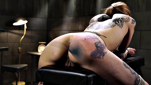 BDSM babe whipped and pussytoyed in predicament bondage session