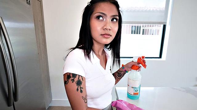 Tattooed maid in shorts gets drilled by BBC in the kitchen after a steamy cocksucking session