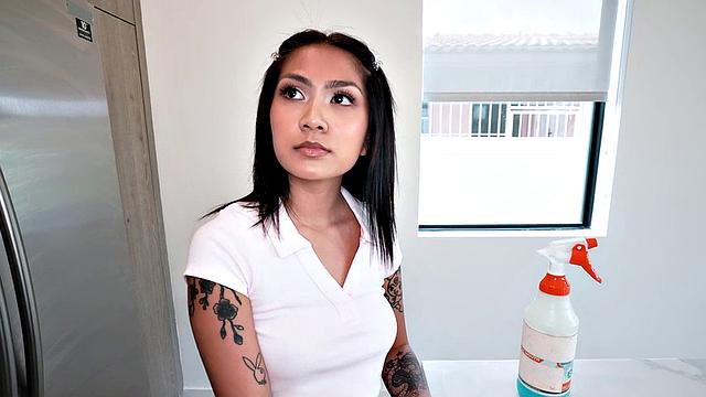 Tattooed maid in shorts gets drilled by BBC in the kitchen after a steamy cocksucking session