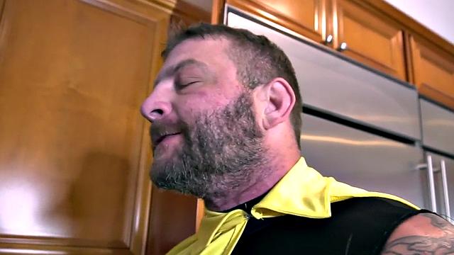 Mesmerized hunk bareback banged by costumed BF