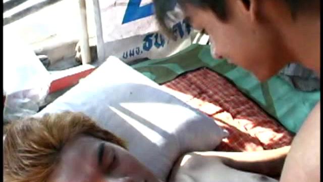 Skinny Asian spraying jizz after being buttfucked in the tent