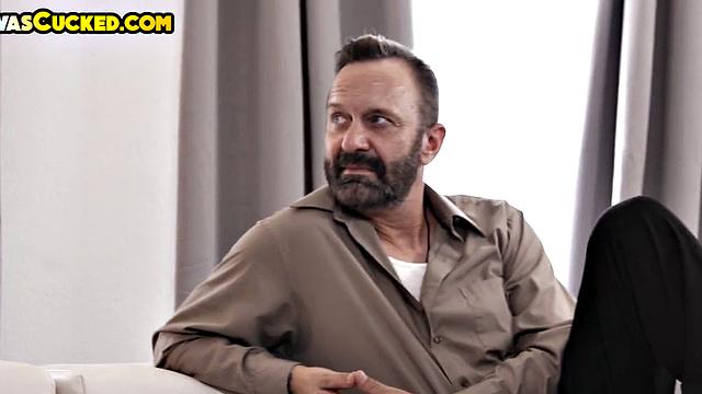 Busty pierced Asian wife smashed in front of cuckold hubby