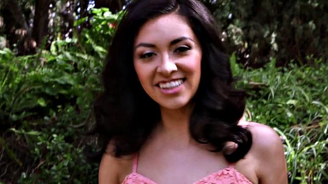 Beautiful brunette Kara is a nervous 20something who does a striptease and a masturbation show outdoors.