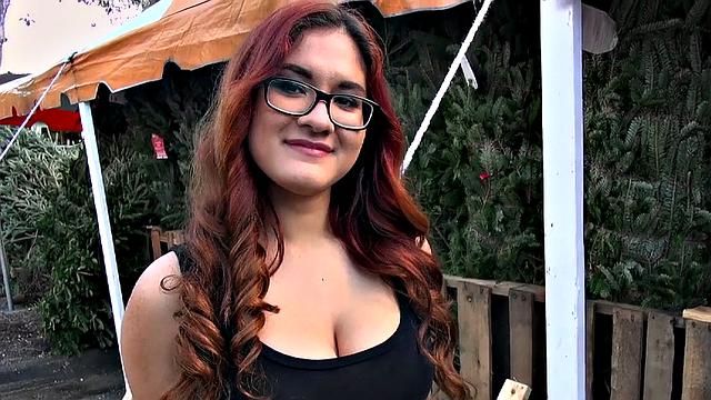 Curly-haired Christmas babe enjoys outdoor fucking & showing off her tattooed pussy