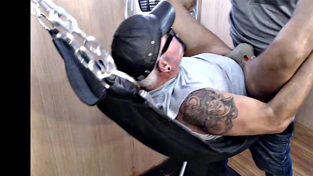 Mature gay assfucked in sling after long BJ