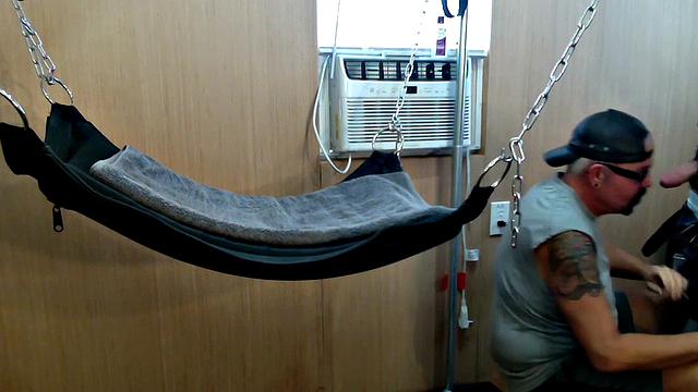 Mature gay assfucked in sling after long BJ