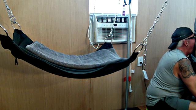 Mature gay assfucked in sling after long BJ