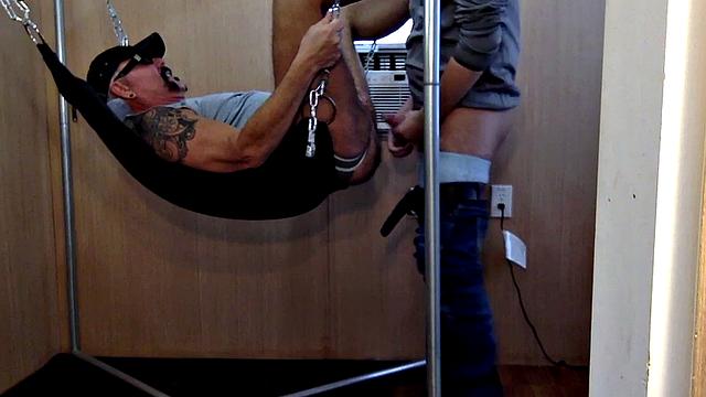 Mature gay assfucked in sling after long BJ