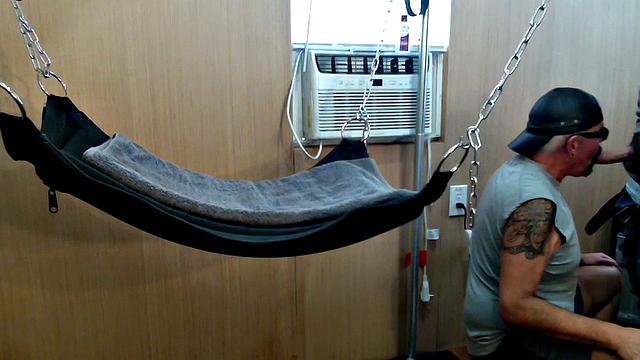 Mature gay assfucked in sling after long BJ