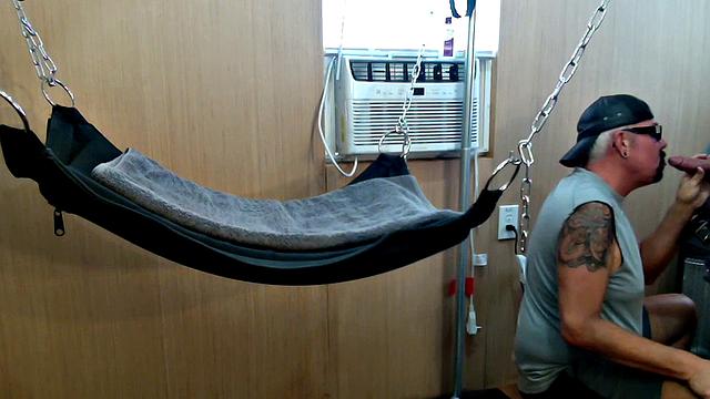 Mature gay assfucked in sling after long BJ